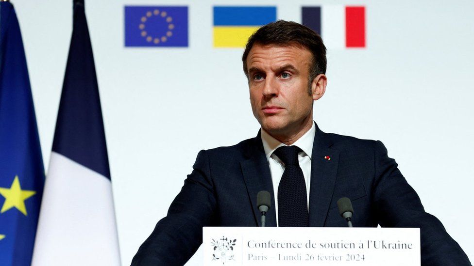 French President Emmanuel Macron speaks after a meeting in support of Ukraine in Paris. Photo: 26 February 2024